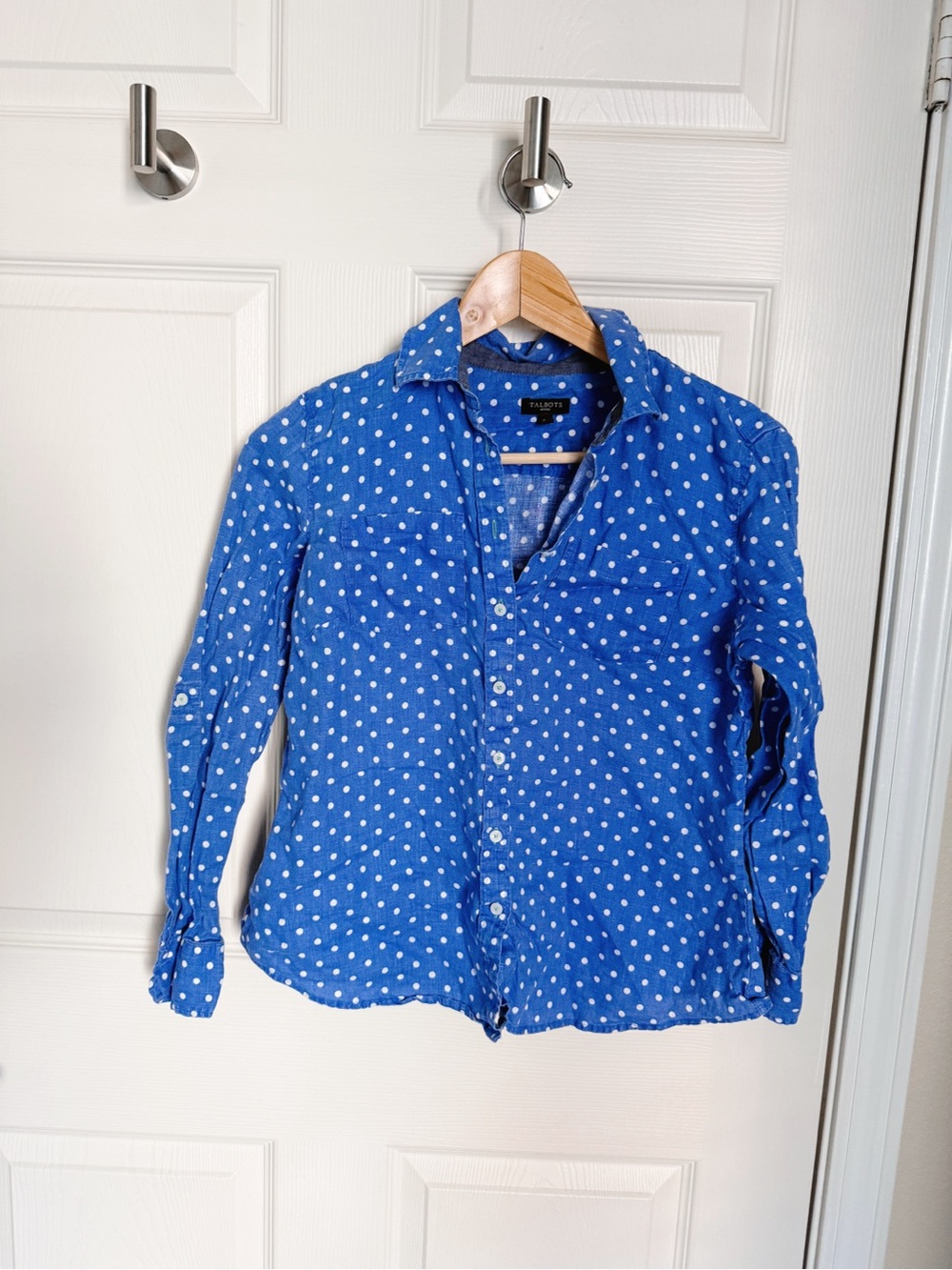 Talbots Linen Blue Polka Dot Button-Up Shirt